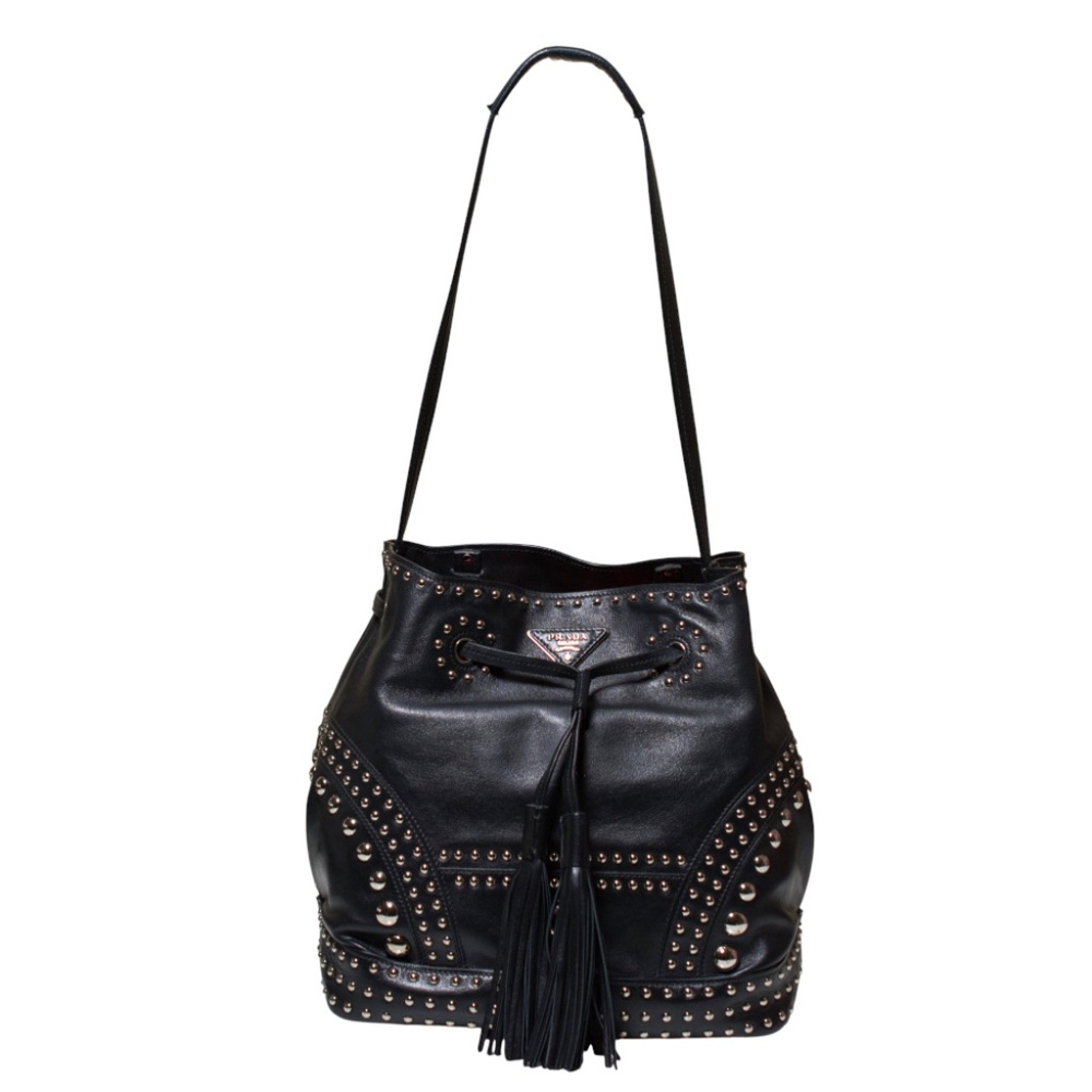 Prada Secchiello Soft Calf Black Leather Bucket Bag with Studs